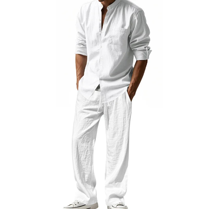2025 New Spring and Summer Men's Suit Linen Casual Loose Breathable Long Sleeves Shirt Trousers 2Set of Beach Vacation Essential
