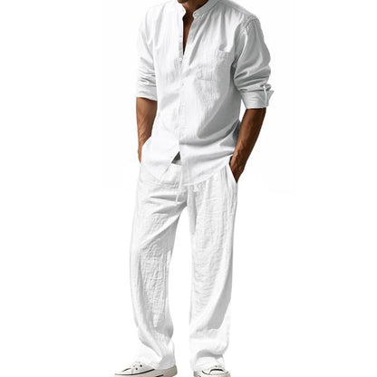 2025 New Spring and Summer Men's Suit Linen Casual Loose Breathable Long Sleeves Shirt Trousers 2Set of Beach Vacation Essential