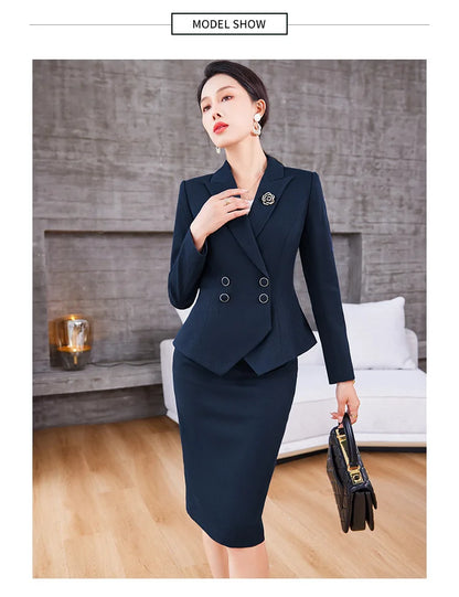 Navy Blue Suits Women 2023 New Spring Autumn Professional Long Sleeve Slim Blazer And Skirt Sets Office Ladies Work Wear Orange
