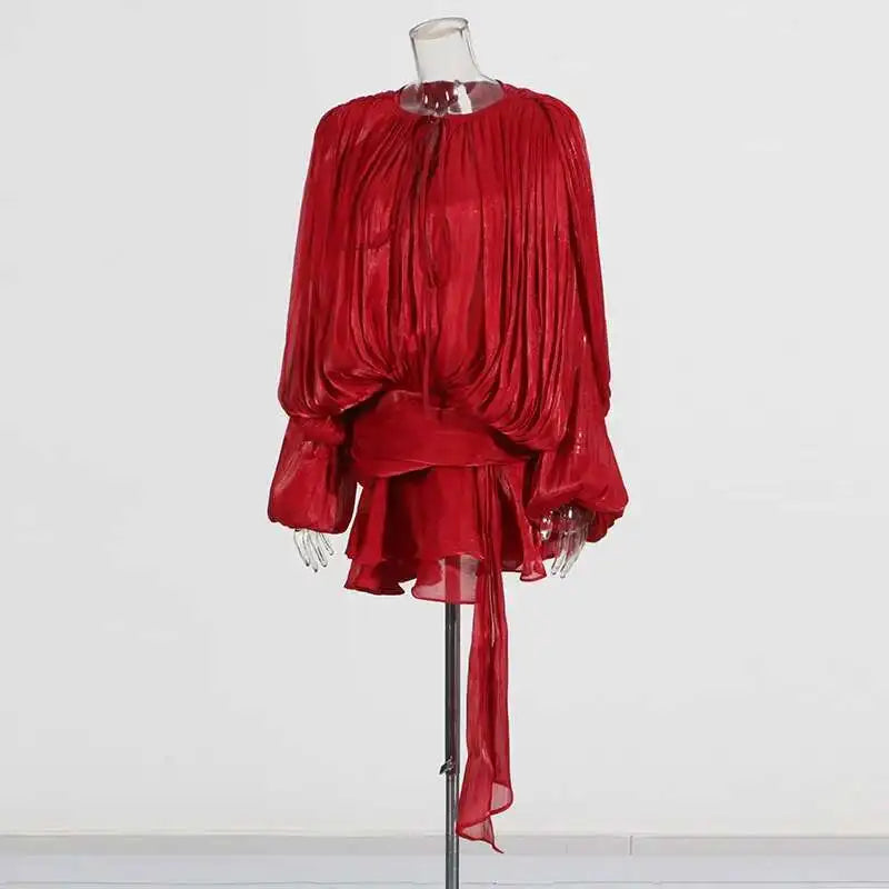TWOTWINSTYLE Solid Blouse Mini Dresses For Women V Neck Long Sleeve Spliced Lace Up Sweet Style Dress Female Clothing Fashion