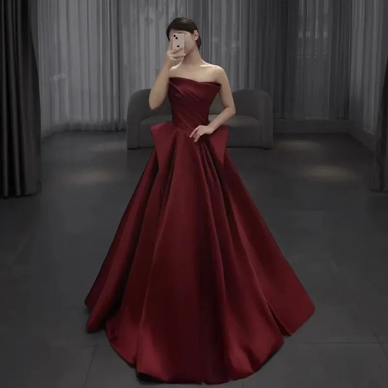 party dresses women evening satin strapless host evening dress female banquet temperament bride toast wine red black prom dress