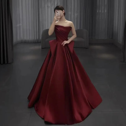 party dresses women evening satin strapless host evening dress female banquet temperament bride toast wine red black prom dress