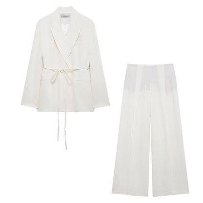 TRAFZA Women's Suits White Turn-Down Collar Long Sleeves Lace-Up Blazers+High Waist Zipper Long Pants Female Spring Fashion Sets