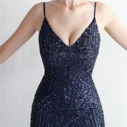 Women's Black Long Sleeve Padded Strap Sequin Dress Length, Sparkles Stretch, V Neck Mermaid, Formal Evening Dress, Night Party