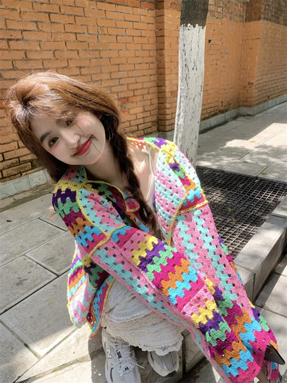 SALIENCY Colorful Crochet Knit Hollow Cardigan Sweater Jacket Women Spring Top Loose Short Knitwear