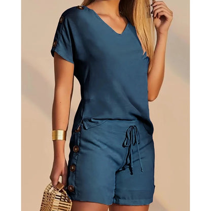 Women Buttoned Short Sleeve V-Neck Top & Drawstring Shorts Sets Women 2 Pieces Casual Two Pieces Set Summer Outfits Clothing