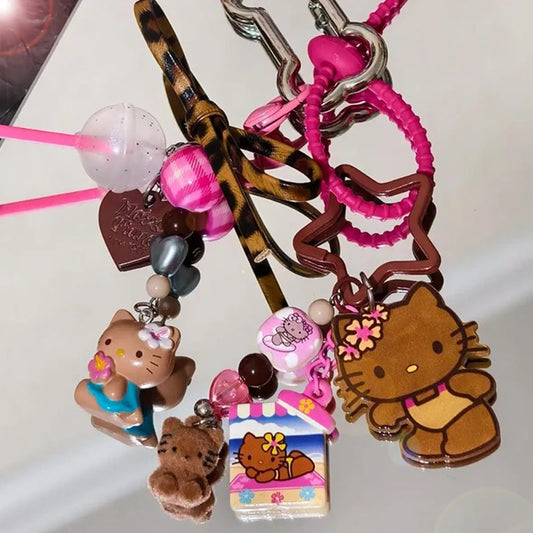 Hawaii Sanrios Charm Keychains Y2k Anime Summer Hellokittys Bag Keyring Pendant Vintage Backpack Accessories for Girls Gifts