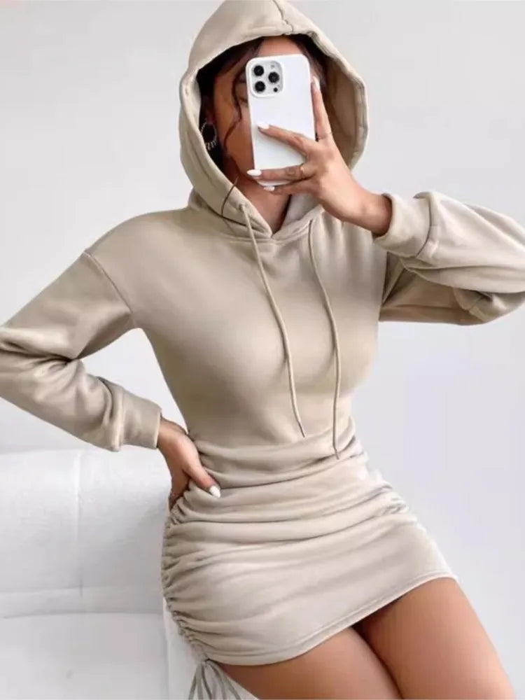 レディース セクシー ベーシック 無地 ワンピース 秋ファッション グレー 長袖 フード付き タイ付き スリム パッケージ ヒップ ミニドレス