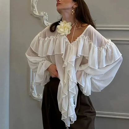Talenza White Chiffon Shirt Women's Summer V-Neck Sexy See Through Shirt Beach Blouse Fashion Ruffle Patchwork Female Blouse Top