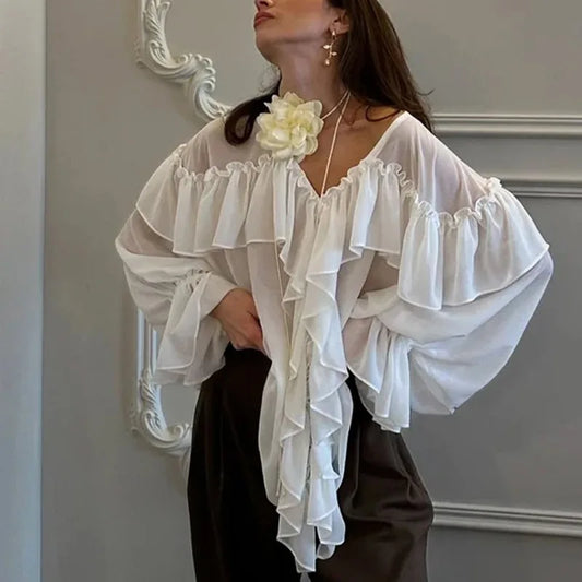 Talenza White Chiffon Shirt Women's Summer V-Neck Sexy See Through Shirt Beach Blouse Fashion Ruffle Patchwork Female Blouse Top