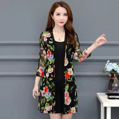 2024 Female Mid Length Large Size Sun Protection Cardigan Tops Coat Women Summer Gauze Lace Print Thin Sun Sunscreen Jacket 5XL