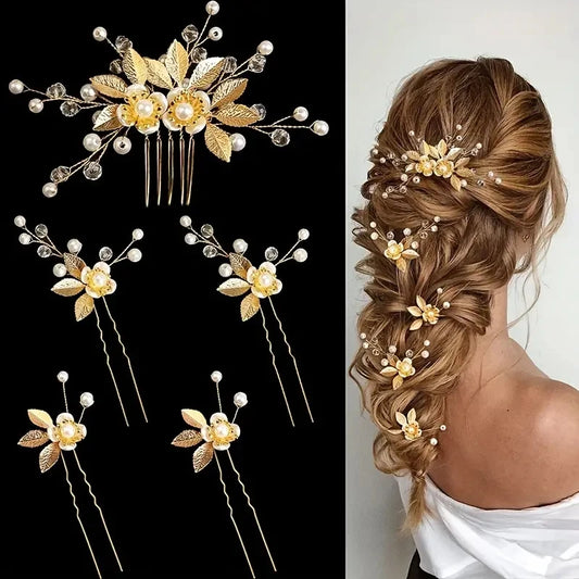 5 Pcs Crystal Luxury Hair Accessories Set Sweet Romantic Women's Bride Party Wedding Accessories Jewelry Hair Clip Hair Comb Set