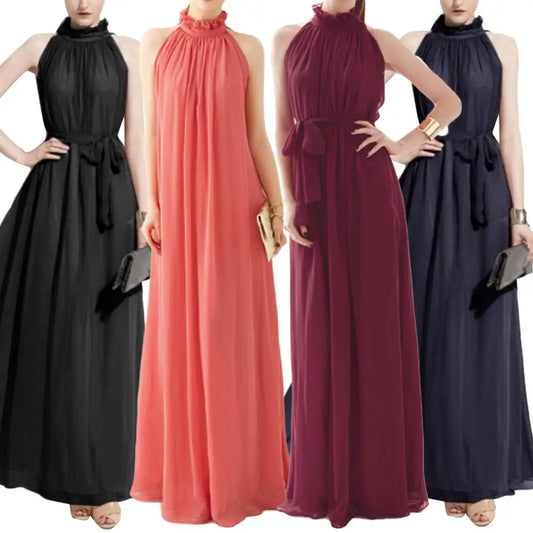 Halter Neck Dress Lace Up Elegant Sleeveless Club Party Dress Sexy Ruffled Evening Party Maxi Dress Prom Gown Beach Dresses
