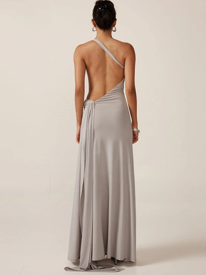 Sibybo Oblique Shoulder Sleeveless Ruched Maxi Dress For Women Gown Elegant Metal Rings Backless Bodycon Long Dresses Vestidos