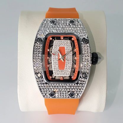 Luxury Diamond Watch For Women Elegant Tonneau Original Design Watches Fashion Ice Out Sport Rubber Strap Waterproof Mille Clock