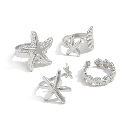 SHIXIN 4Pcs/Set Starfish Scallop Adjustable Open Rings for Women Trendy Geometric Gold Color Ring Summer Beach Jewelry Accessory