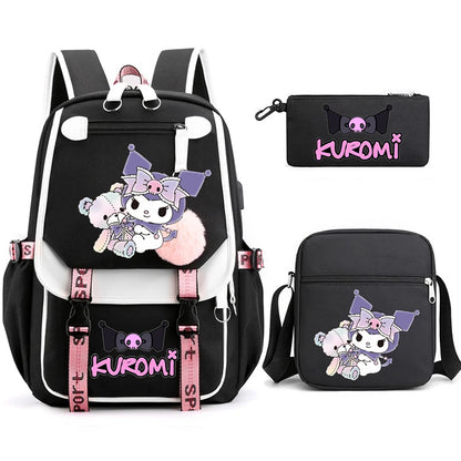 Kuromi Student Backpack 3pcs Cartoon Rucksack Girls School Bag High Capacity Women Backpack Female Cute Leisure Travel Mochilas
