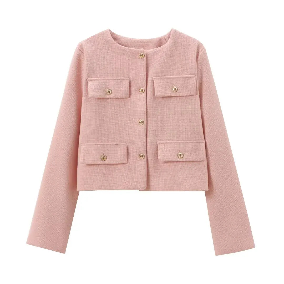 TRAFZA Women Vintage Solid Coat Button Long Sleeve O Neck Jacket With Pocket 2024 Autum Elegant Female Casual Outerwear Jakcet