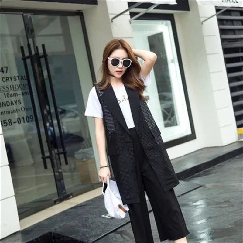 2025 Summer New V-NECKCollar Black White Suit Blazer Vest Jacket Women Style Commuter Sleeveless OL Cardigan Tank Coat