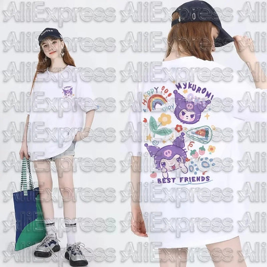 MOTO Kawaii Sanrioed Womens T-Shirt Anime Kuromi Cinnamoroll Cotton Round Neck  My Melody Kuromi Printing Tops Girls Summer