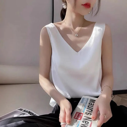Acetate satin Camisole Women's V-neck Silk Satin vest Top elegant wild Avocado Green white black tank Women Crop Tops