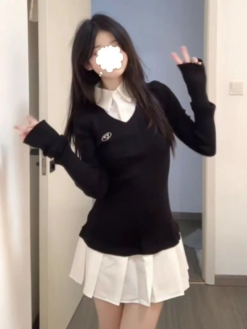 レディースポロカラー プリーツミニワンピース 春秋 ヴィンテージ プレッピースタイル シャツワンピース スリムフィット 長袖 韓国風