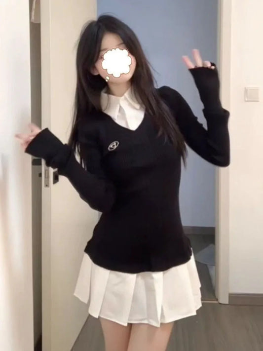 レディースポロカラー プリーツミニワンピース 春秋 ヴィンテージ プレッピースタイル シャツワンピース スリムフィット 長袖 韓国風