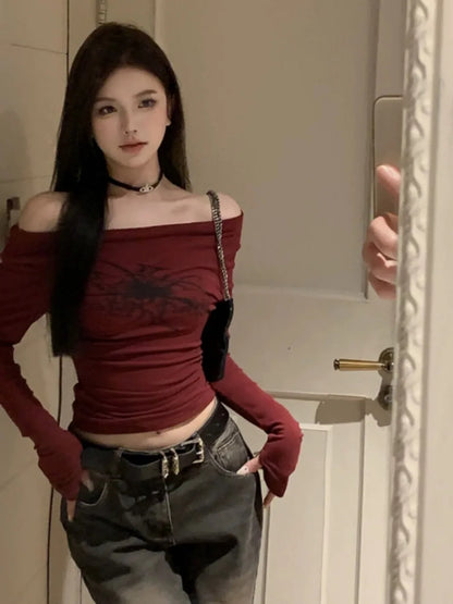 Gothic Spider Graphic Grunge T Shirts Women Y2k Off Shoulder Vintage Crop Top Korean Style Kpop Coquette Long Sleeve Tees 2025