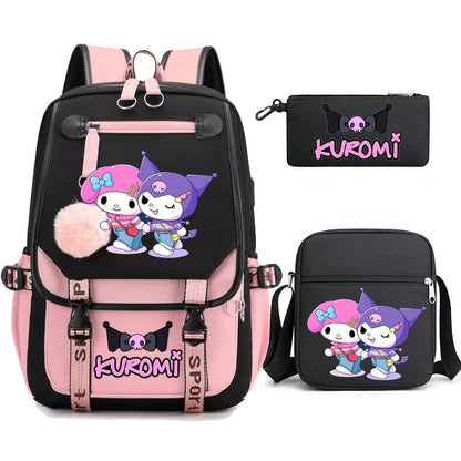 Kuromi Student Backpack 3pcs Cartoon Rucksack Girls School Bag High Capacity Women Backpack Female Cute Leisure Travel Mochilas