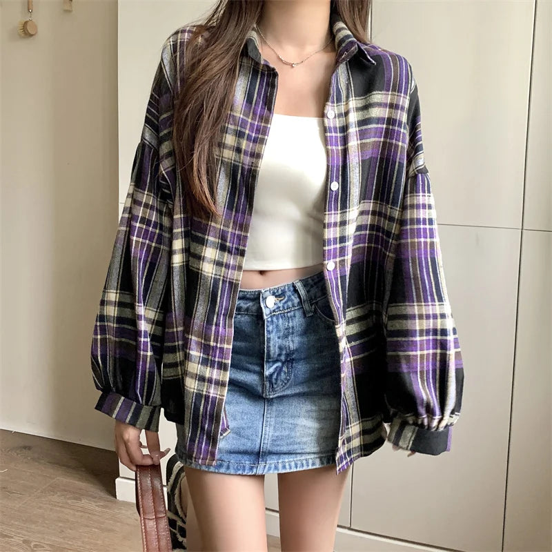 Women Tartan Shirt Long Sleeve Collared Button Up Oversized Plaid Shirt Jacket Grunge Fashion Teenage Girl Spring Summer Outfit