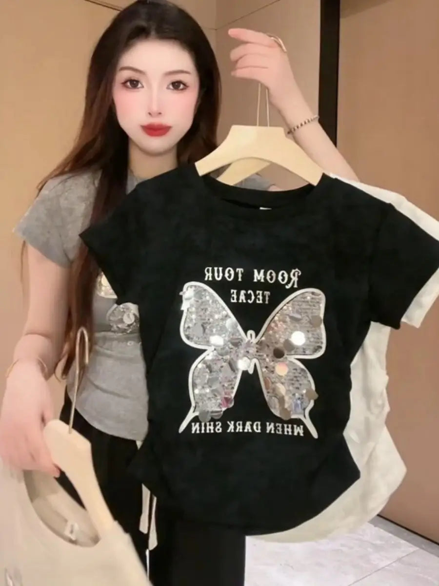 Sequin Butterfly Short Sleeved Full Shoulder T-shirt Women 2024 Summer New Casual Fashion Pleated Waist Slimming Top