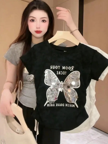 Sequin Butterfly Short Sleeved Full Shoulder T-shirt Women 2024 Summer New Casual Fashion Pleated Waist Slimming Top