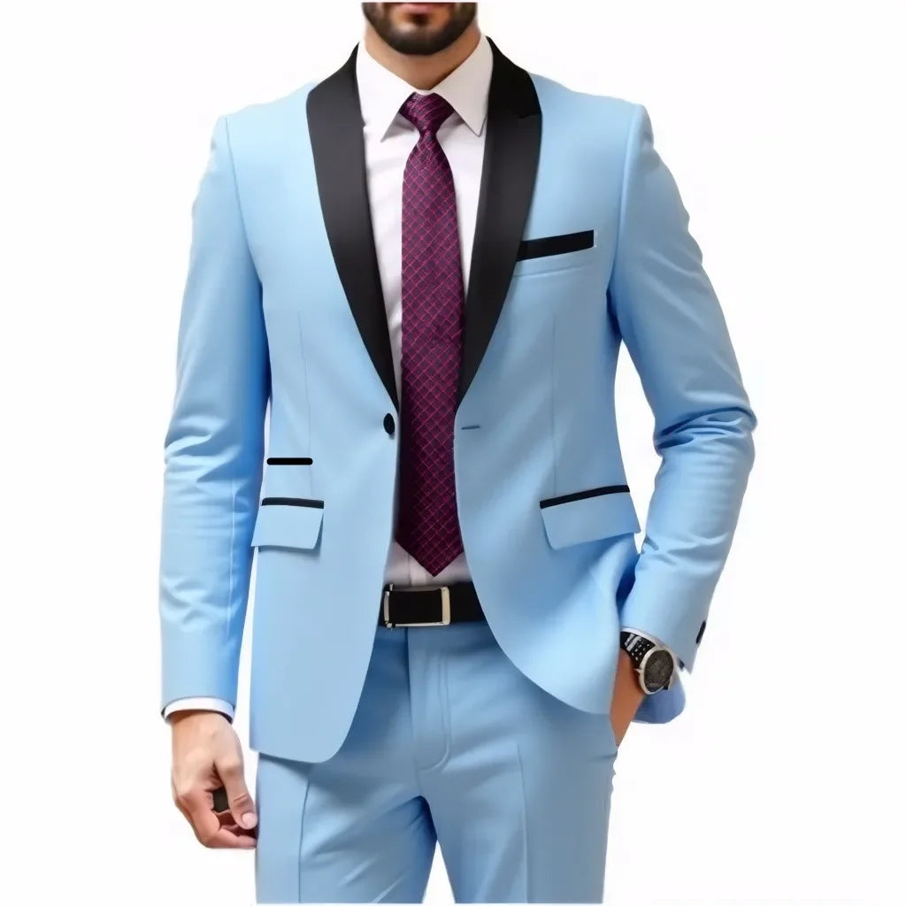 A Two-piece Suit for Men with A Green Collar, A Wedding Suit for The Groom, A Fitted Black Best Man's Suit, and A Wedding Dress