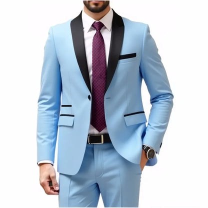 A Two-piece Suit for Men with A Green Collar, A Wedding Suit for The Groom, A Fitted Black Best Man's Suit, and A Wedding Dress