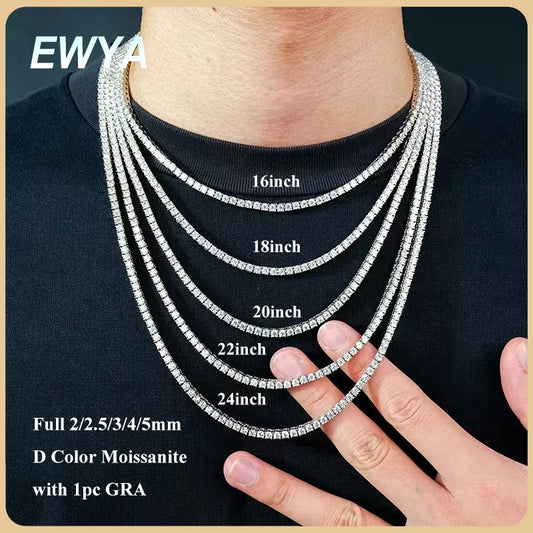 EWYA Real 2-5mm Full D Color Moissanite Tennis Neck Chain Necklace for Woman Man 925 Silver GRA Certified Party Bridal Necklaces