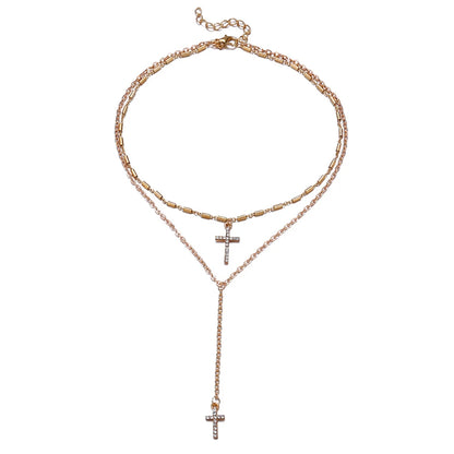 Fashion Gold-plate Crystal Cross Necklaces Pendants Boho Double Layered Necklace Catholic Religious Christian Statement Jewelry