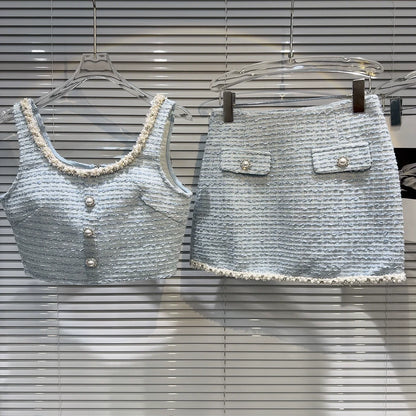 Women's Elegant Two Pieces Tweed Pearls Skirt Set Lady High Street Sexy O Neck Sleeveless Crop Tank Top + Minis Kirt