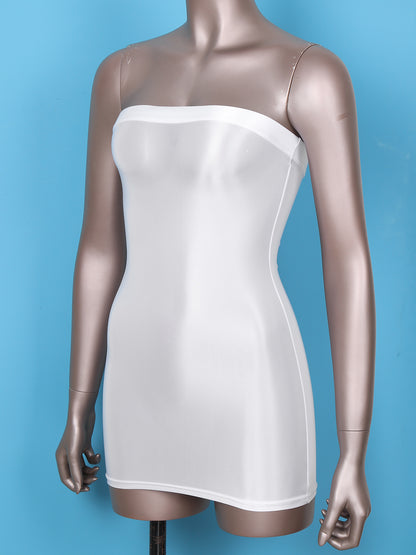 Sexy Women Oil Glossy Sheer Bodycon Dress Females See Through Strapless Pencil Dress Smooth Tight Mini Dress Clubwear