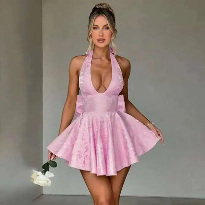 Giyu Club Evening Party Dresses Women 2025 Summer Sexy Bow Halter Long Dress Elegant Jacquard Lace Up Backless Birthday Robe