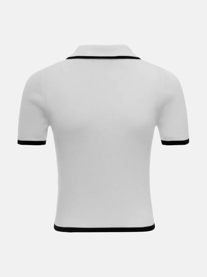 Knit Sweater Pullover Women Short Sleeve Patchwork Slim Lapel Elegant Contrast Knitwear Top Female Skinny Ribbed Pullover