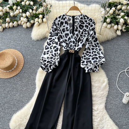 SINGREINY Autumn Leopard Long Jumpsuits V Neck Long Sleeves Belt Wide Legs Pants Women American Retro Senior Office Lady Rompers