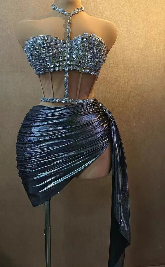 Sparkly Rhinestones Top Skirt Two Pieces Set for Women Sexy Celebrate Evening Prom Birthday Photography Shoot Dress