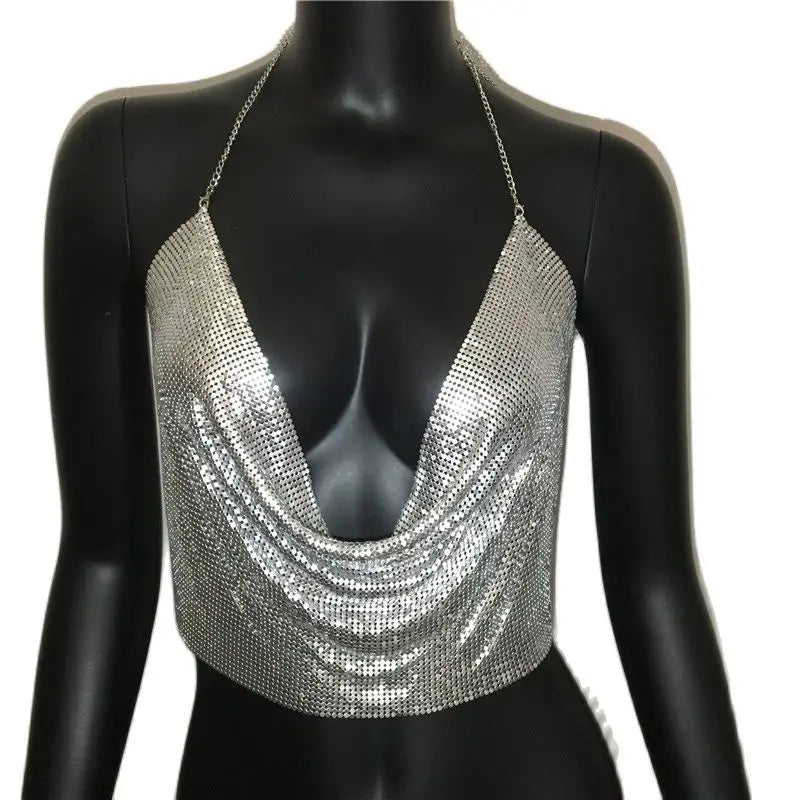 Glitter Metal Sequins Backless Camisole For Women Sexy Deep V Neck Halter Neck Sleeveless Tank Top Lady Nightclub Party Crop Top
