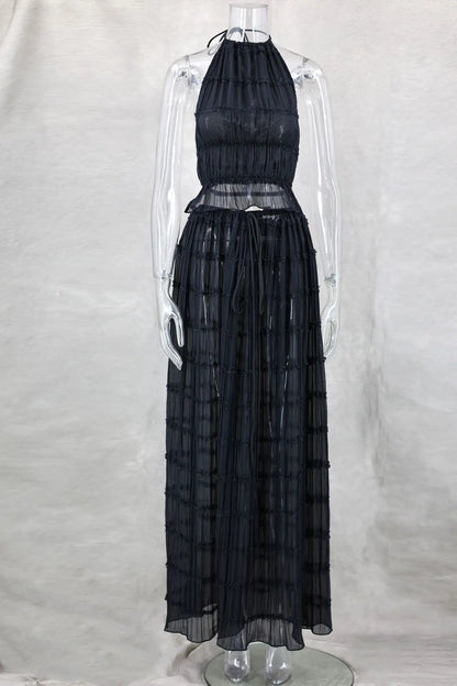 2024 Summer Party Elegant Women Beach Skirt Suit Sleeveless Backless Cropped Halter Lace Up Tops And Long Skirts Two Piece Sets