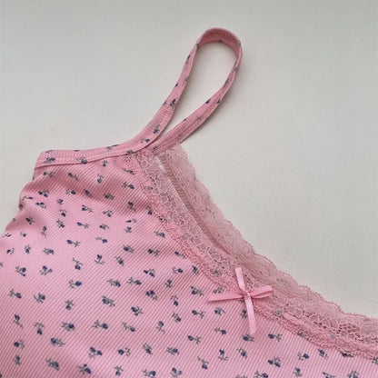 Summer Crop Tops Print for Women Bow Lace Camisole Sexy Backless Vest with Padded Basic Tank Top Bm Style Camis Y2k Streetwear