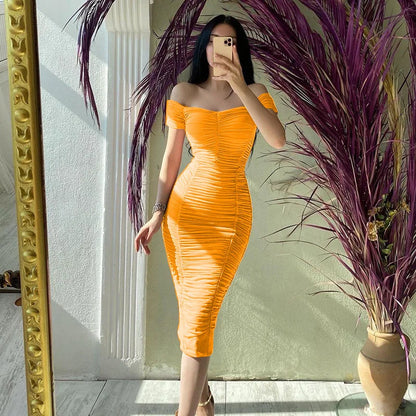 夏の新作無地ノースリーブコンデンスドレスレディースロングスカートエレガントな気質女性Vestidosワンショルダープリーツドレス