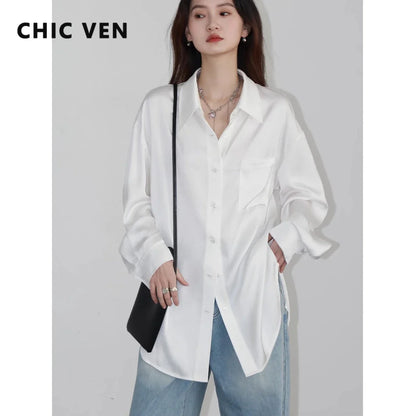 CHIC VEN Korean Women Shirt White Solid Pleated Side Slit Loose Long Sleeved Woman Blouses Female Tops Spring Summer 2025