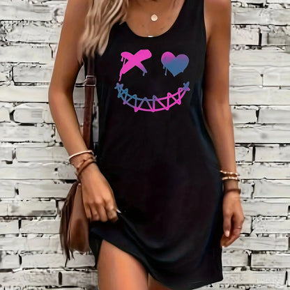 Women's summer loose, comfortable, casual, fashionable cat pattern printed black sleeveless vest skirt punk style dress