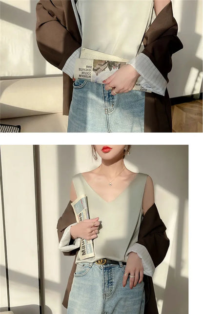 Acetate satin Camisole Women's V-neck Silk Satin vest Top elegant wild Avocado Green white black tank Women Crop Tops