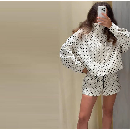 Polka Dot Print Shorts Coats Suits Women Loose High Neck Long Sleeves Zipper Drawstring Sets Female 2025 Autumn New Chic Set